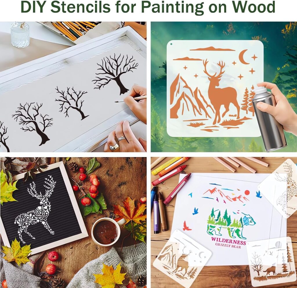 Forest Wildlife Animal Stencils for Painting, 16 Pcs Plastic Reusable Stencils for Kids of Deer Bear Tree Patterns for Painting on Wood Wall Fabric Canvas(7.87 inch)