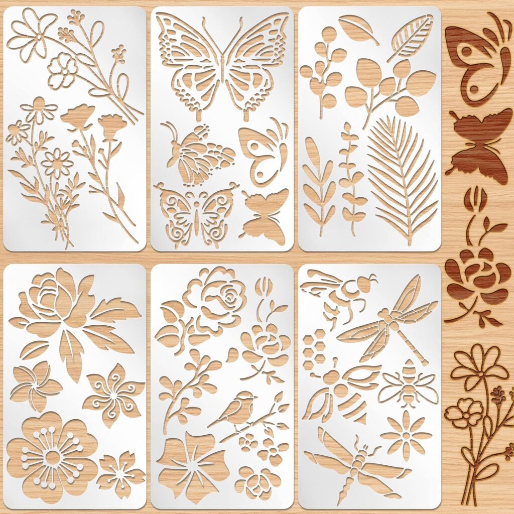 Lewtemi 6 Pcs Mixed Metal Stencil Wood Stencil Templates Stencils for Journaling Wood Burning Stencils for Wood Carving Drawing Engraving Scrapbooking Journal Craft DIY(Plant Style)