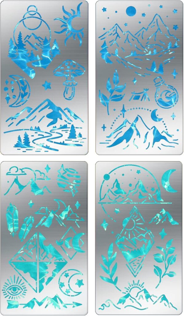 ORIGACH 4 Pcs Metal Magic Mountains Stencils Reusable Metal Journal Stencil Moon Sun Pyrography Template for Wood Carving, Drawings and Woodburning, Engraving and Scrapbooking Project