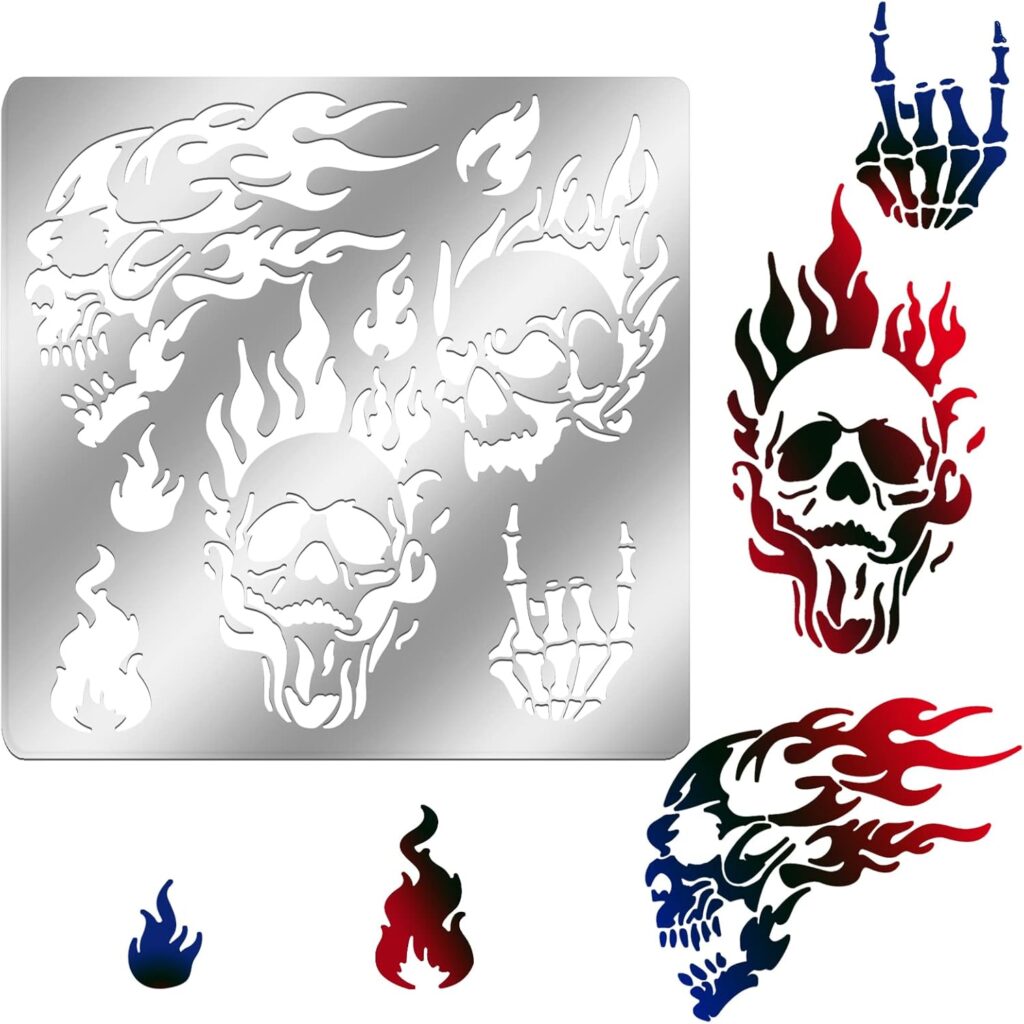 ORIGACH 6x6 inch Metal Skull Stencil Wood Stencil Fire Skull Wood Burning Stencils Template for Halloween Wood Carving, Drawings and Pyrography, Engraving and Scrapbooking Project