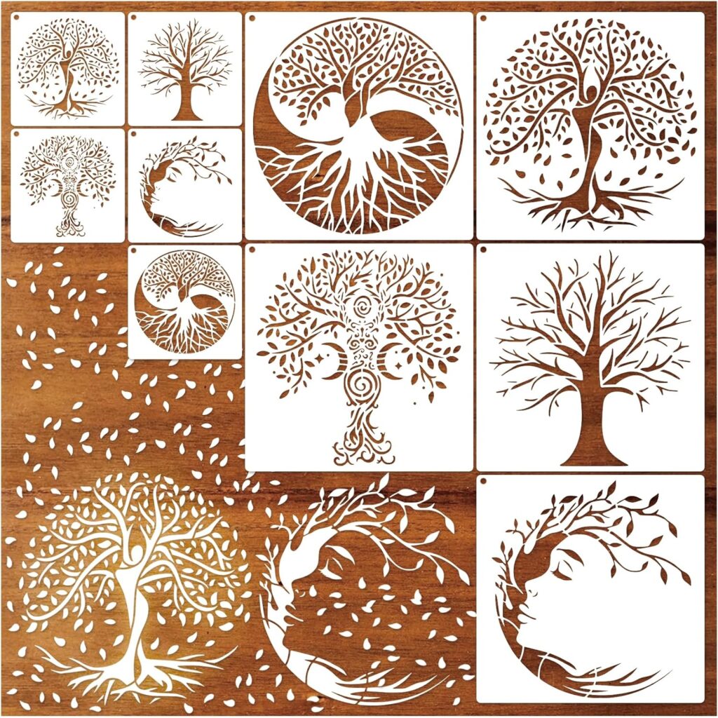 Tree Stencils for Painting on Wood, Tree of Life Stencils for Crafts Reusable Wood Burning Drawing Art Paint Stencils and Patterns for Wall Cake Cookie Canvas Furniture Paper