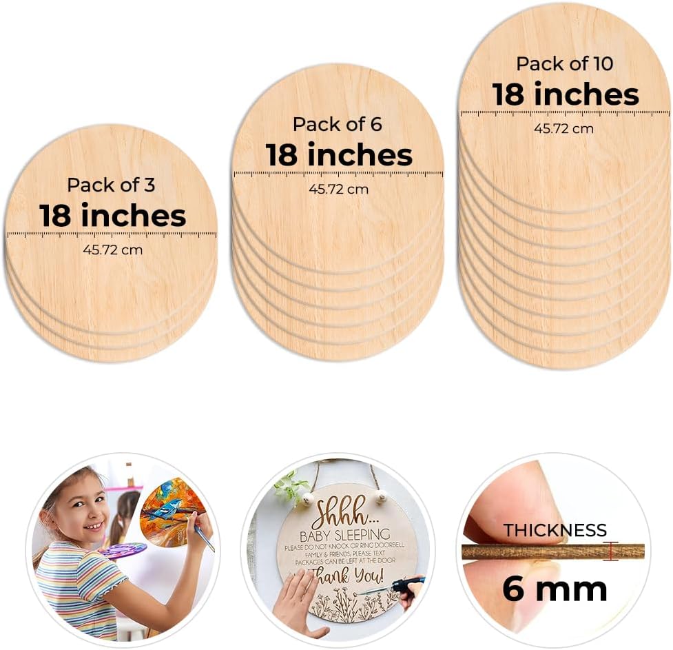 Unfinished Wood Circles for Crafts 18 Inch Diameter Made from 1/4 Inch Natural Plywood, A Pack of 6 Thick Wood Rounds Cutouts for Home Decorations, Door Hanger, Wood Burning, Pyrography, DIY Projects