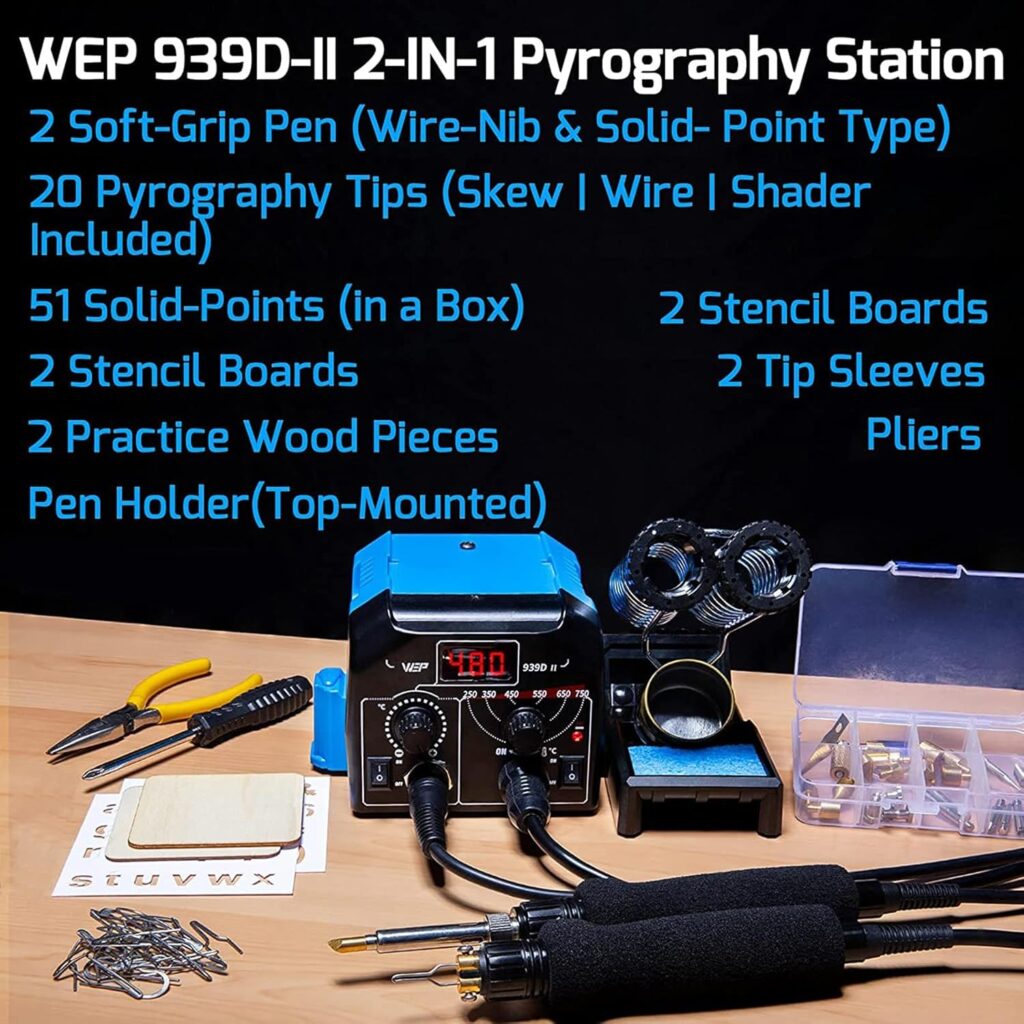 WEP 939D-II 2-IN-1 Wood Burning Kit 86-IN-1 with 51 Solid Points and 20 Wire Nibs Wood Burner with 2 Letter Number Stencils, 2 Unfinished Wood, 1 Pen Holder, Burning Tool