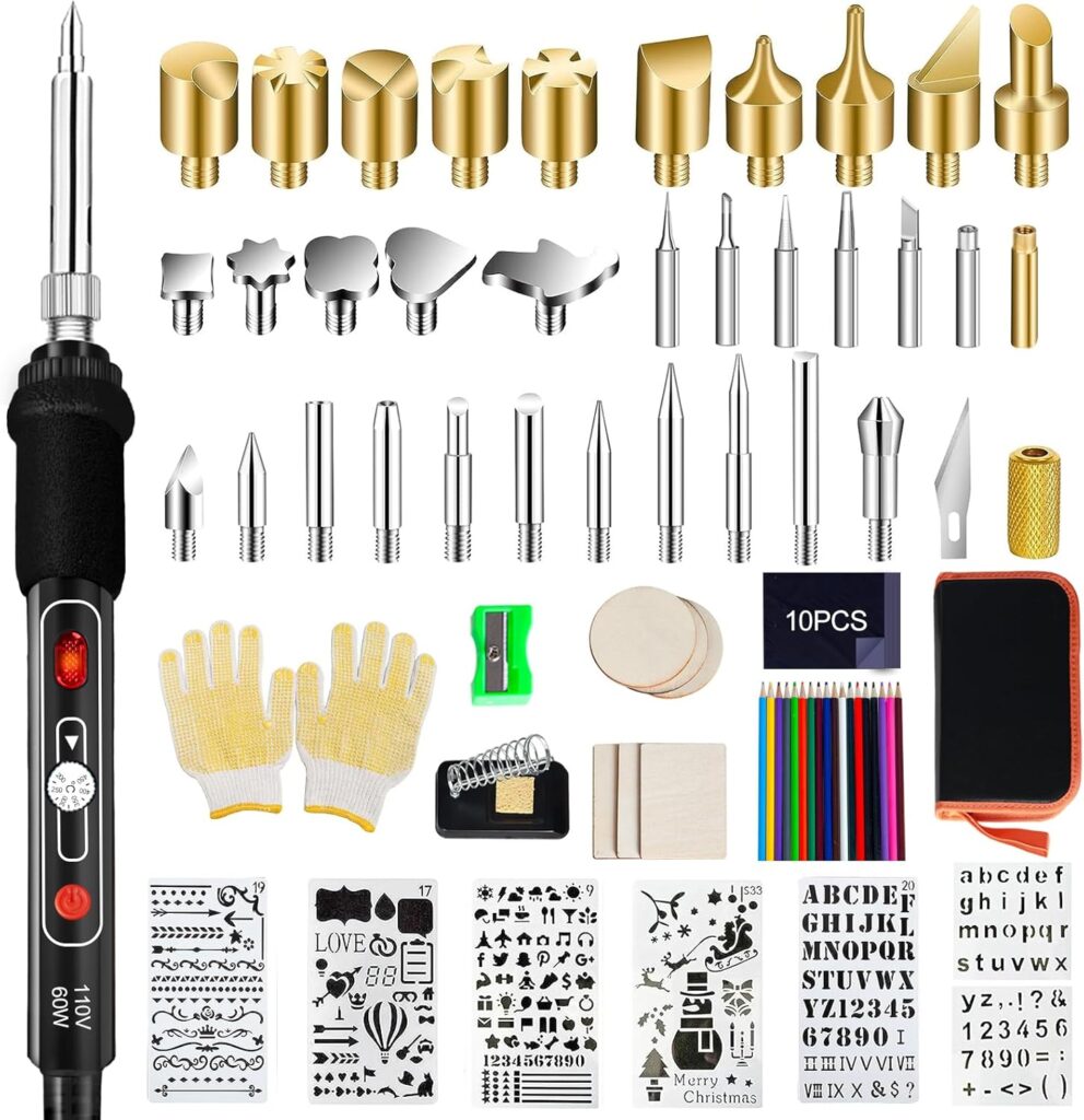 Wood Burning Kit, 126 Pcs Wood Burner Tool Kit with letters and numbers, Pyrography Pen with Adjustable Temperature Control Various Tips Stencils, Woodworking Leather Embossing Carving Soldering