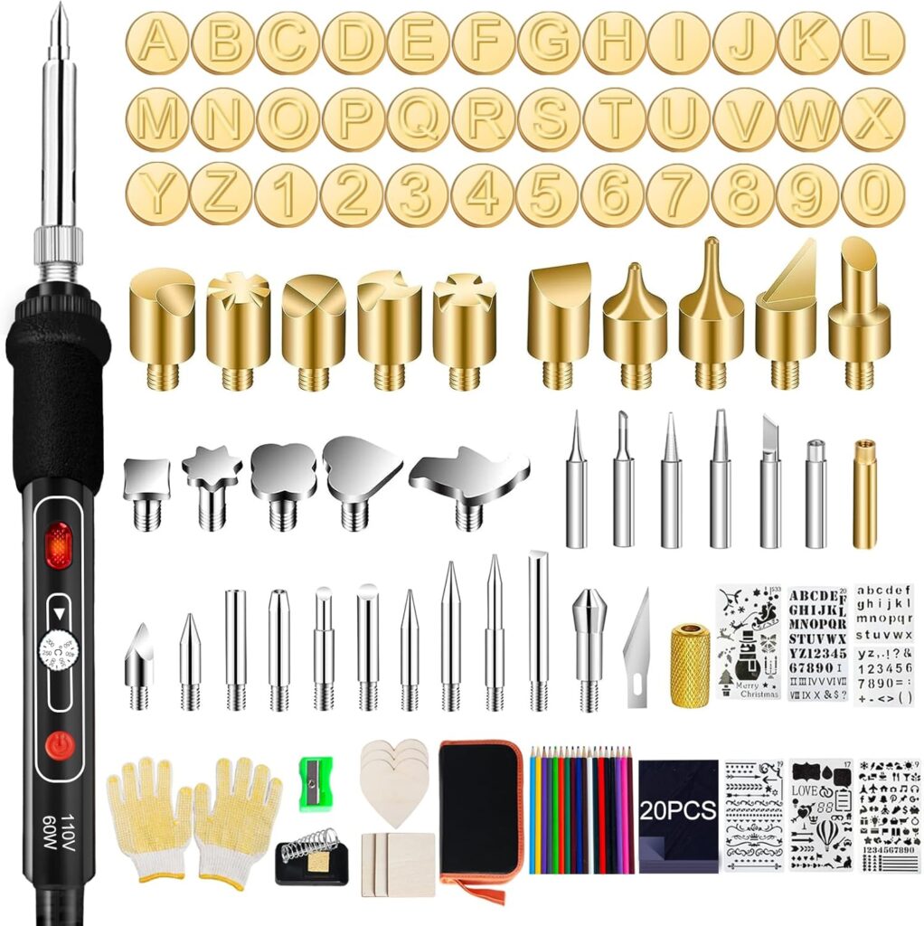 Wood Burning Kit, 126 Pcs Wood Burner Tool Kit with letters and numbers, Pyrography Pen with Adjustable Temperature Control Various Tips Stencils, Woodworking Leather Embossing Carving Soldering