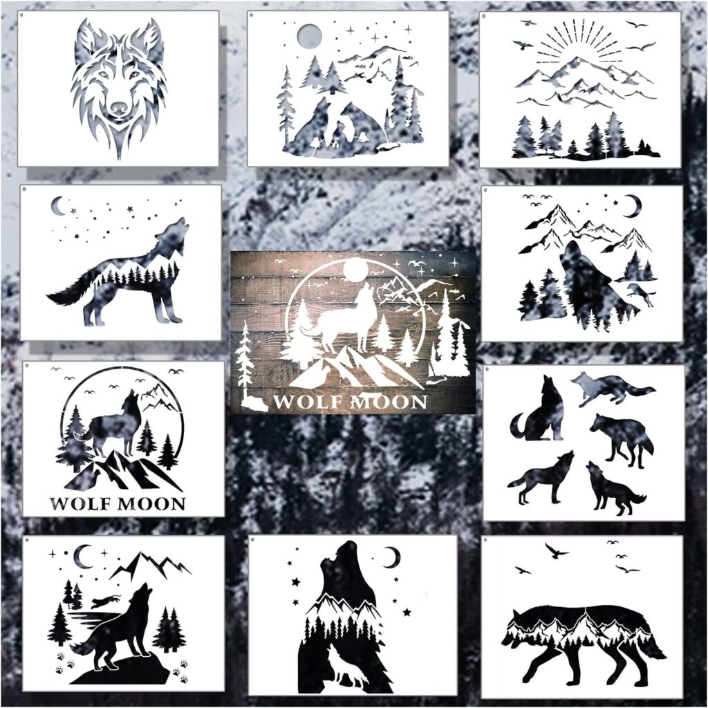 11 Pcs Wolf Stencils Forest Mountain Tree Stencils for Wood Burning Stencil Template Stencils for Painting on Wood Crafts Home Decors (Wolf)