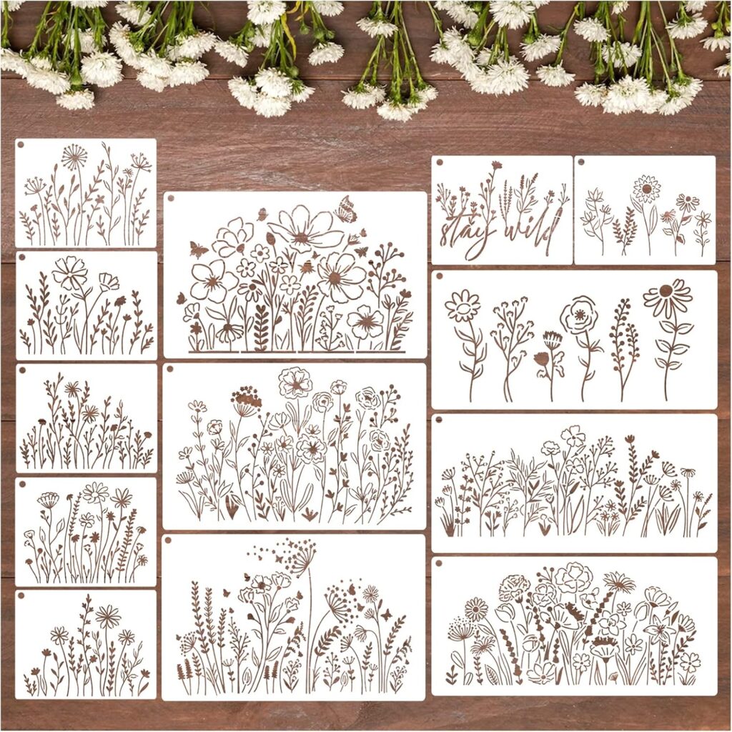 13 Pieces Wildflower Stencils Flower Stencils for Painting Wood, Reusable Spring Floral Field Plants Wild Flower Stencils for Crafts Wall Canvas Fabric Paper DIY Furniture Card