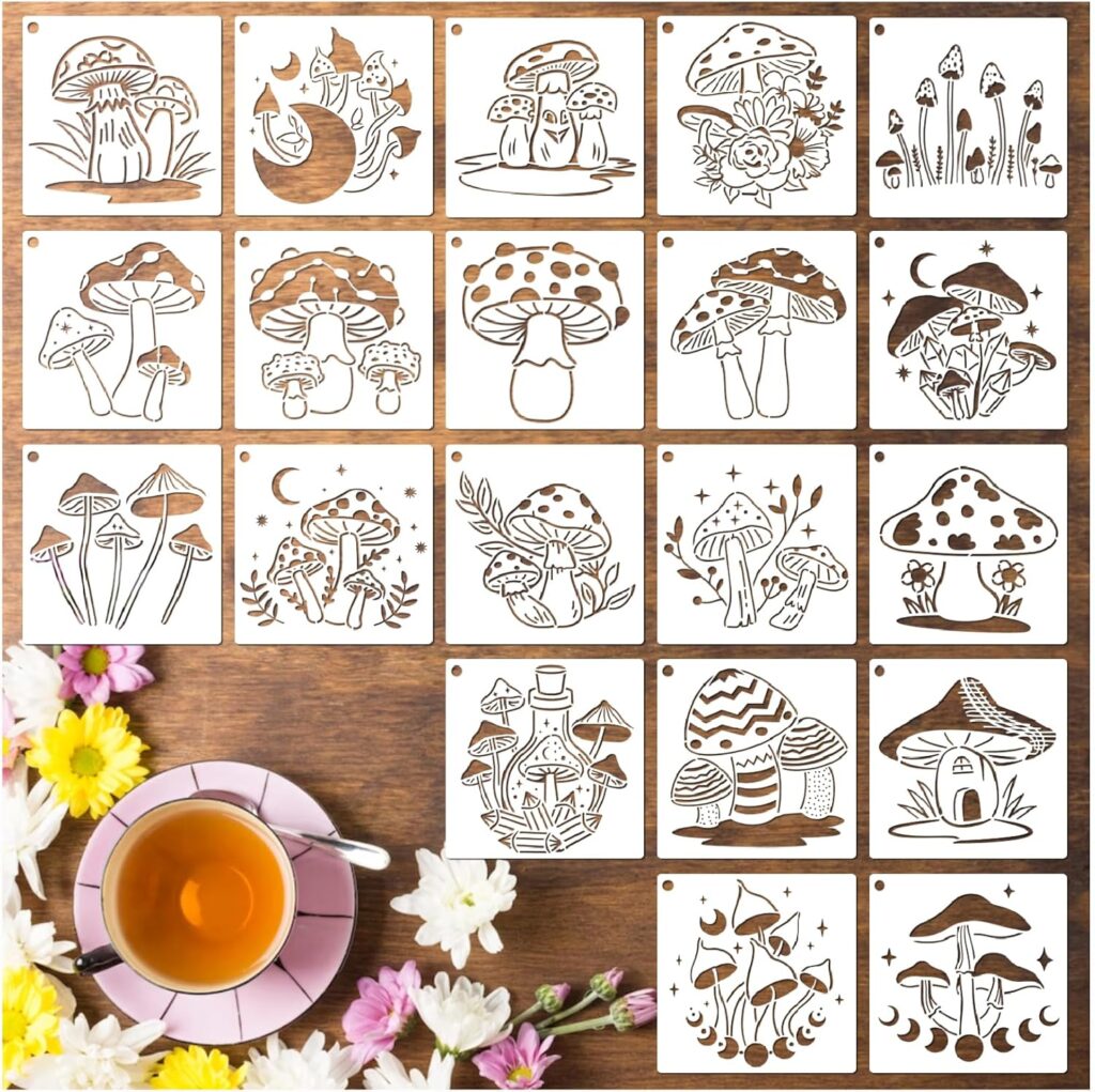 20 Pieces Mushrooms Stencils Template, Reusable Boho Mushroom Moon Flowers Stencils for Painting on Wood, Canvas, Tile, Scrapbook, Fabric, Pillows Decorations DIY Craft Projects (20pcs Mushroom 5.1)