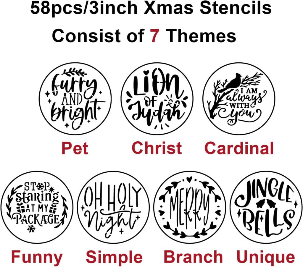 3inch Christmas Stencils for Painting on Wood Slice,58pcs Small Christmas Stencil Xmas Holiday Templates for Christmas Tree Cookie Tiered Tray Coffee Latte Gift Tags Decor