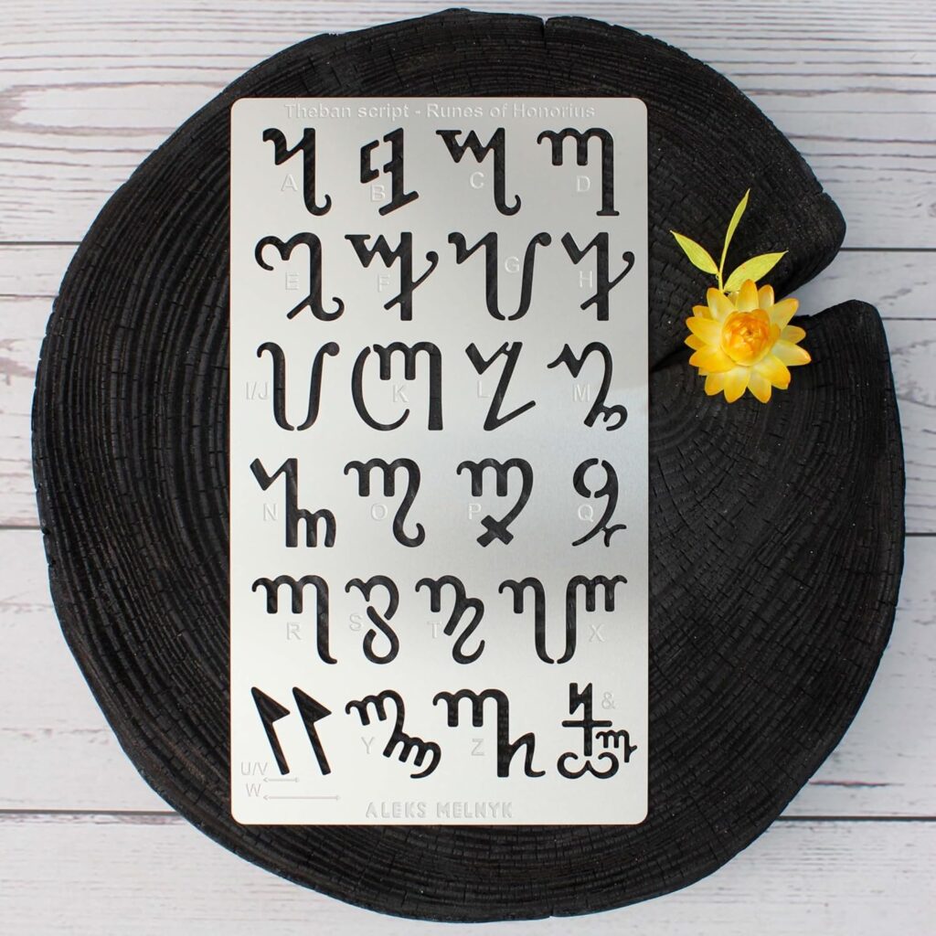 Aleks Melnyk No.419 Metal Stencil, Theban Script or Witches Alphabet, Size 0.86in, Template for Wood Burning, Magic Runes of Honorius, Pyrography Engraving, Bookmark, Crafts, Art, DIY