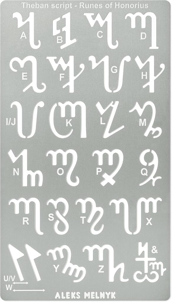 Aleks Melnyk No.419 Metal Stencil, Theban Script or Witches Alphabet, Size 0.86in, Template for Wood Burning, Magic Runes of Honorius, Pyrography Engraving, Bookmark, Crafts, Art, DIY