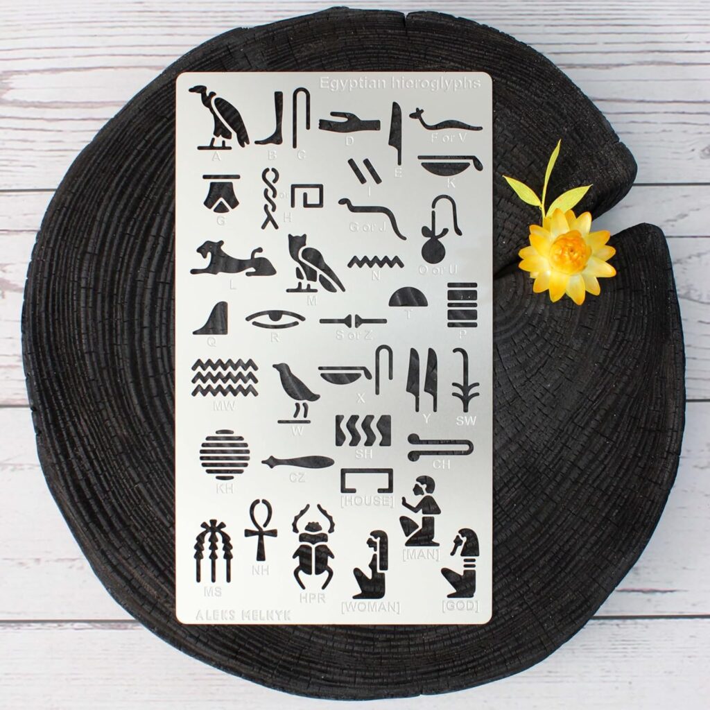 Aleks Melnyk No.456 Metal Stencil, Egyptian Hieroglyphs, Ancient Egyptian Glyphs Alphabet, Letter Tracers, Template for Wood Burning, Magic Runes, Pyrography Engraving, Bookmark, Crafts, Art, DIY