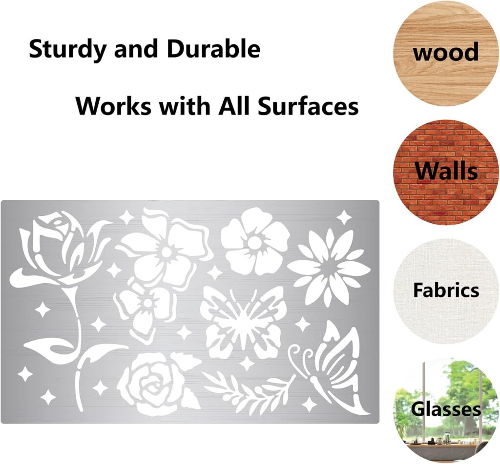 GORGECRAFT 2 Styles 6 Metal Lotus Stencil Flowers Moon Planet Butterfly Mushroom Pattern Reusable Stainless Steel Painting Template for Wood Burning Carving Pyrography Engraving