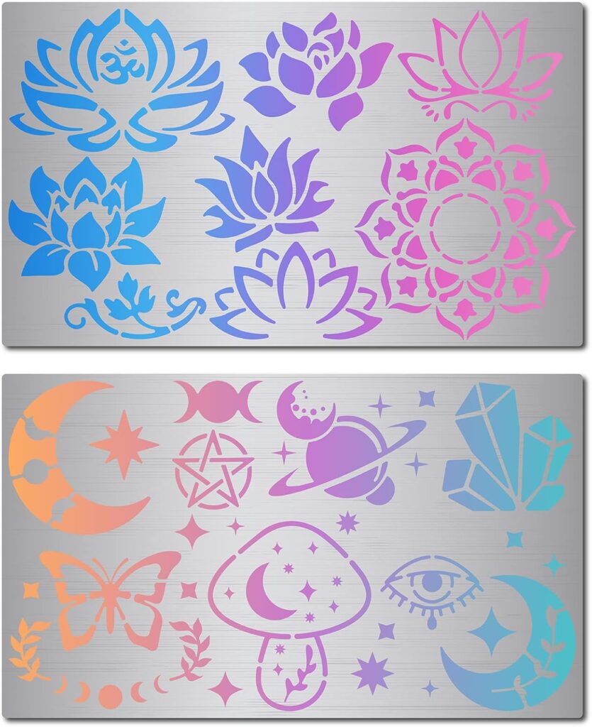 GORGECRAFT 2 Styles 6 Metal Lotus Stencil Flowers Moon Planet Butterfly Mushroom Pattern Reusable Stainless Steel Painting Template for Wood Burning Carving Pyrography Engraving